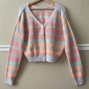 Cotton Blend Striped Colorful Chunky Knit Cardigan Sweater Button Front Large